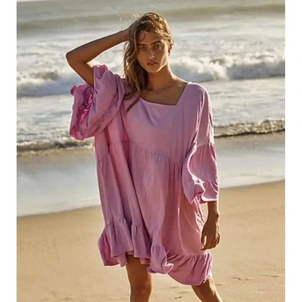 Free People El Mar FP Beach Lavender Purple Ruffle Tiered Mini Dress XS Coverup